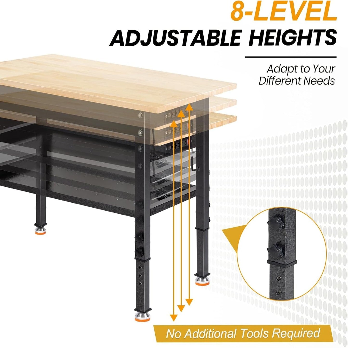 48"/60'' Adjustable Workbench, Rubber Wood Top Work Bench | Heavy-Duty Work Table W/ Power Outlet, Partition ,2000 LBS Load Capacity Work Benches for Garage, Workshop