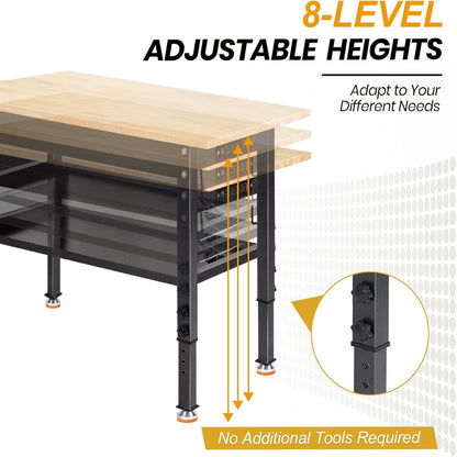 48"/60'' Adjustable Workbench, Rubber Wood Top Work Bench | Heavy-Duty Work Table W/ Power Outlet, Partition ,2000 LBS Load Capacity Work Benches for Garage, Workshop