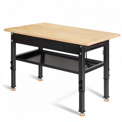 48"/60'' Adjustable Workbench, Rubber Wood Top Work Bench | Heavy-Duty Work Table W/ Power Outlet, Partition ,2000 LBS Load Capacity Work Benches for Garage, Workshop