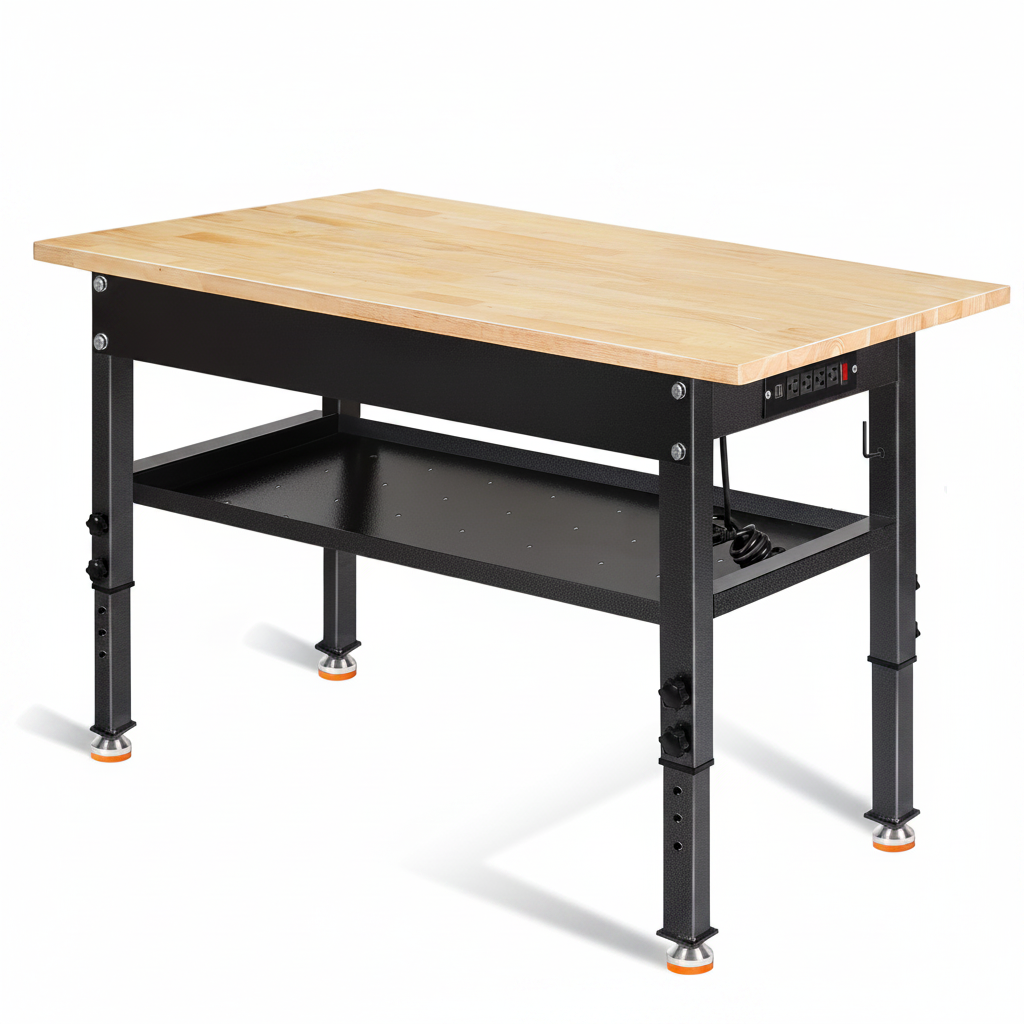 48"/60'' Adjustable Workbench, Rubber Wood Top Work Bench | Heavy-Duty Work Table W/ Power Outlet, Partition ,2000 LBS Load Capacity Work Benches for Garage, Workshop
