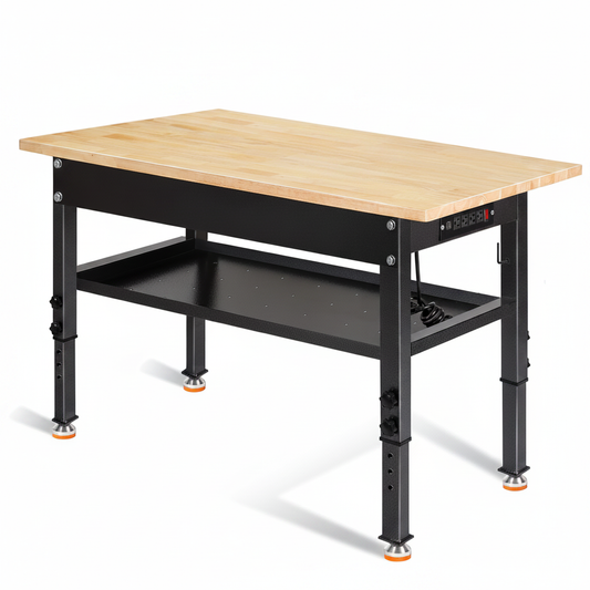 48"/60'' Adjustable Workbench, Rubber Wood Top Work Bench | Heavy-Duty Work Table W/ Power Outlet, Partition ,2000 LBS Load Capacity Work Benches for Garage, Workshop