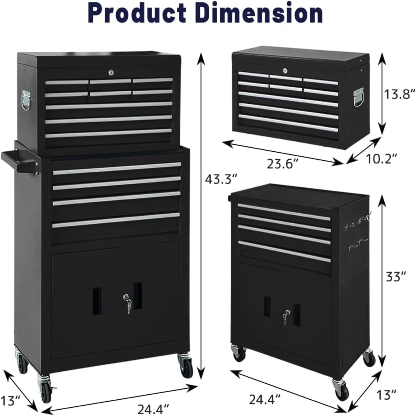 13-Drawer Rolling Tool Chest with Double Doors, 2 in 1 Detachable Rolling Tool Chest with Drawers, Mobile Tool Cabinet Combo, Metal Large Lockable Tool Box for Garage Workshop (Black)