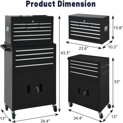 13-Drawer Rolling Tool Chest with Double Doors, 2 in 1 Detachable Rolling Tool Chest with Drawers, Mobile Tool Cabinet Combo, Metal Large Lockable Tool Box for Garage Workshop (Black)