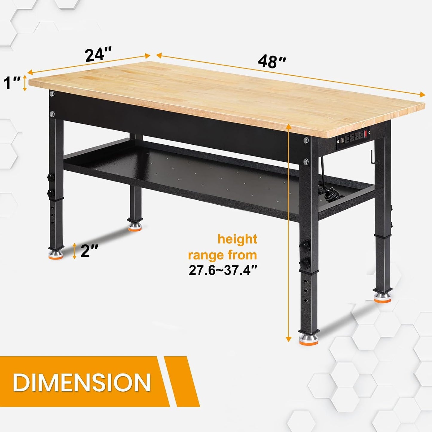 48"/60'' Adjustable Workbench, Rubber Wood Top Work Bench | Heavy-Duty Work Table W/ Power Outlet, Partition ,2000 LBS Load Capacity Work Benches for Garage, Workshop