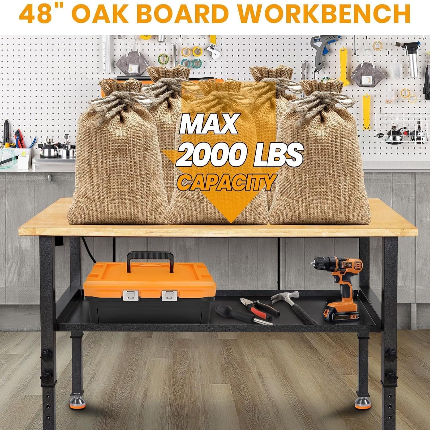 48"/60'' Adjustable Workbench, Rubber Wood Top Work Bench | Heavy-Duty Work Table W/ Power Outlet, Partition ,2000 LBS Load Capacity Work Benches for Garage, Workshop