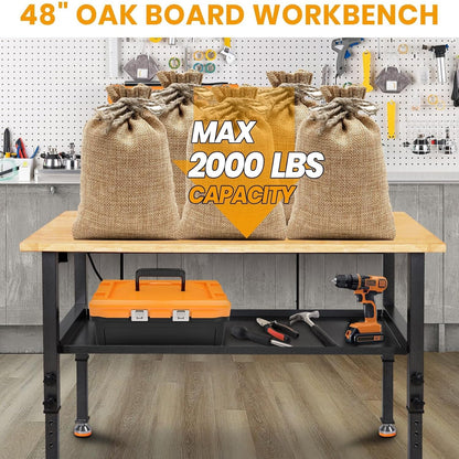 48"/60'' Adjustable Workbench, Rubber Wood Top Work Bench | Heavy-Duty Work Table W/ Power Outlet, Partition ,2000 LBS Load Capacity Work Benches for Garage, Workshop