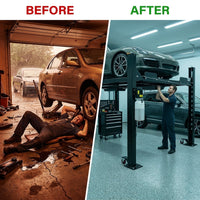 4-Post Automotive Deluxe Storage Car Lift 8,000 Lb. Capacity with Casters, Drip Trays and Jack Tray — Before & After
