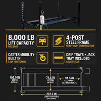 4-Post Automotive Deluxe Storage Car Lift 8,000 Lb. Capacity with Casters, Drip Trays and Jack Tray — Results & Stats
