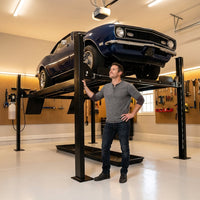 4-Post Automotive Deluxe Storage Car Lift 8,000 Lb. Capacity with Casters, Drip Trays and Jack Tray — Lifestyle