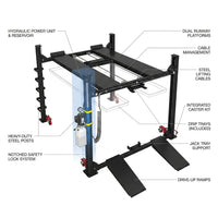 4-Post Automotive Deluxe Storage Car Lift 8,000 Lb. Capacity with Casters, Drip Trays and Jack Tray — How It Works