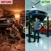4-Post Car Lift Built for Professional Storage, 8000 Lb Capacity, Drip Trays, Rolling Casters — Before & After