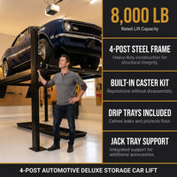 4-Post Car Lift Built for Professional Storage, 8000 Lb Capacity, Drip Trays, Rolling Casters — Results & Stats