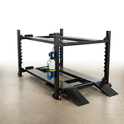 4-Post Car Lift Built for Professional Storage, 8000 Lb Capacity, Drip Trays, Rolling Casters