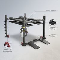 4-Post Car Lift Built for Professional Storage, 8000 Lb Capacity, Drip Trays, Rolling Casters — infographic