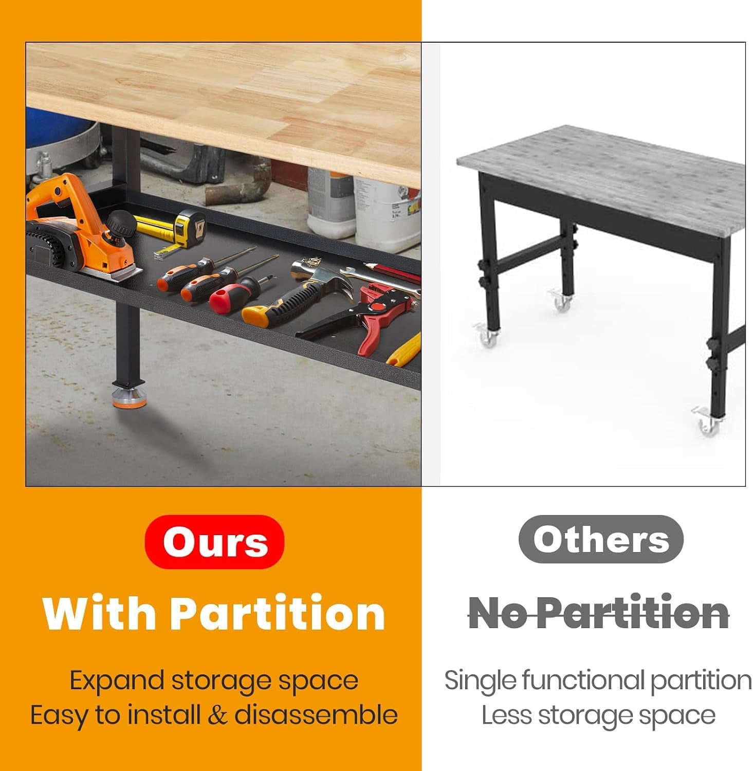 48"/60'' Adjustable Workbench, Rubber Wood Top Work Bench | Heavy-Duty Work Table W/ Power Outlet, Partition ,2000 LBS Load Capacity Work Benches for Garage, Workshop
