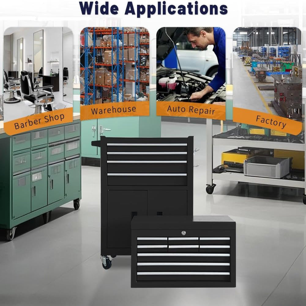 13-Drawer Rolling Tool Chest with Double Doors, 2 in 1 Detachable Rolling Tool Chest with Drawers, Mobile Tool Cabinet Combo, Metal Large Lockable Tool Box for Garage Workshop (Black)