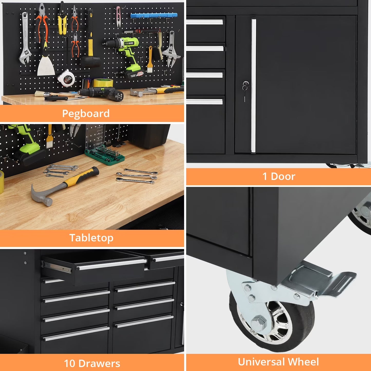 Tool Chest Workbench, 61-Inch Rolling Tool Chest with Wheels, 10 Drawers, Multifunctional Tool Cart Mechanic Tool Storage Cabinet for Garage, Assembled Large Tool Box Storage Cabinet, Black