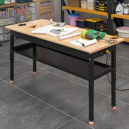48"/60'' Adjustable Workbench, Rubber Wood Top Work Bench | Heavy-Duty Work Table W/ Power Outlet, Partition ,2000 LBS Load Capacity Work Benches for Garage, Workshop